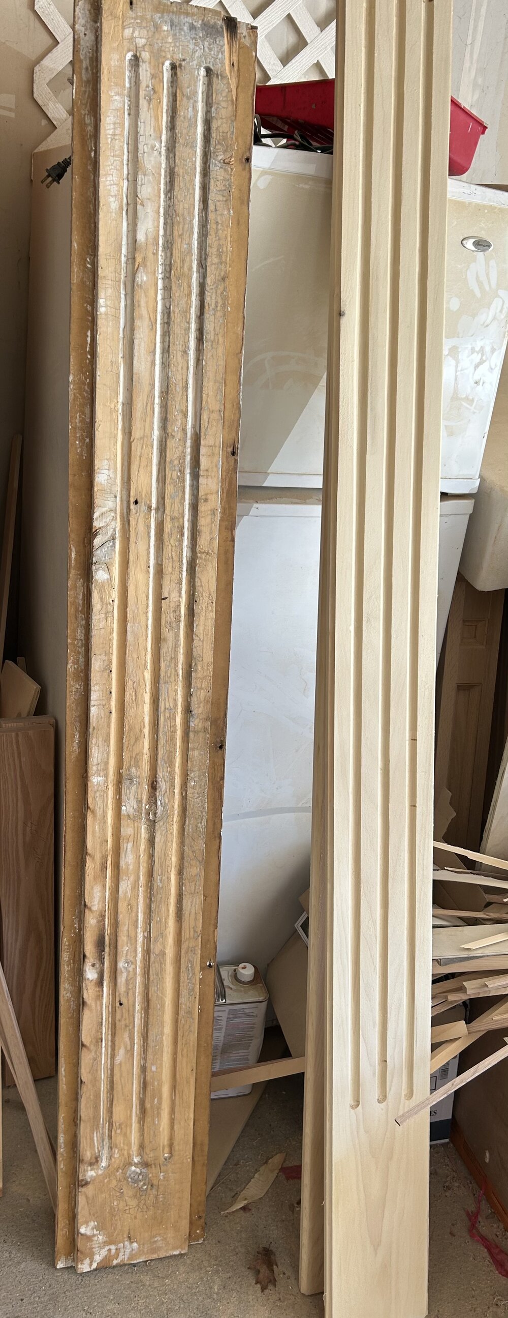Side-by-side comparison of original trim and matching recreated grooved boards for an outdoor door surround - Ottawa Handiman